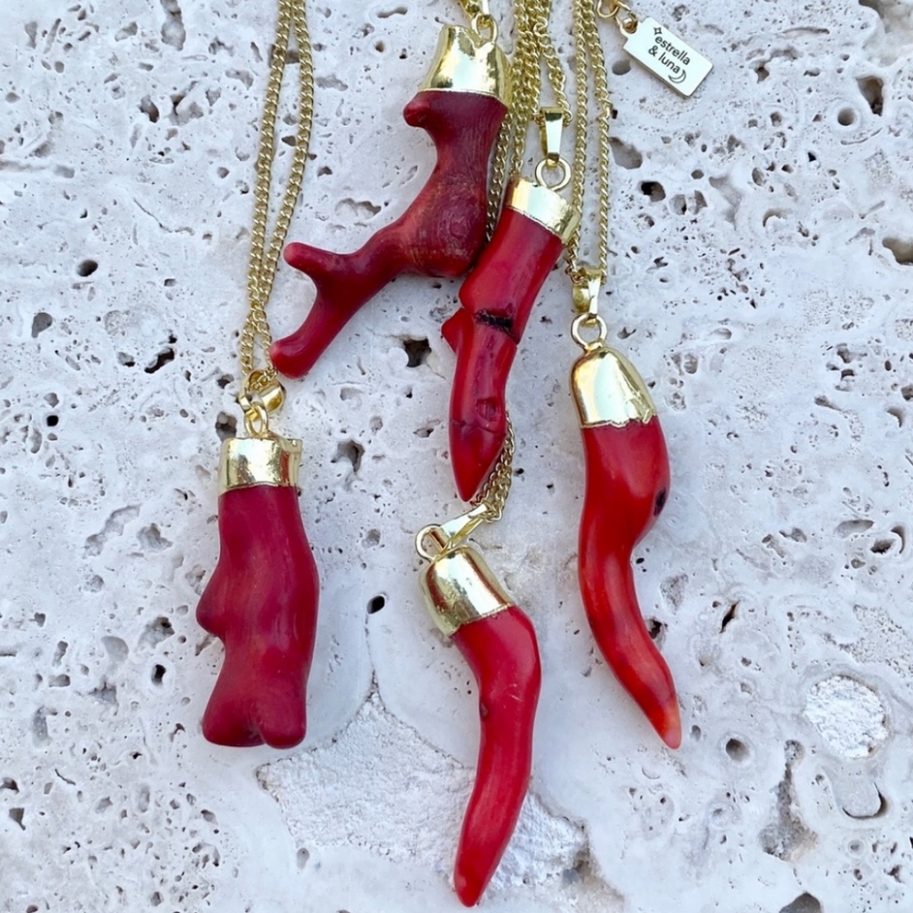 Red Coral Pendant Necklace - 14K Gold